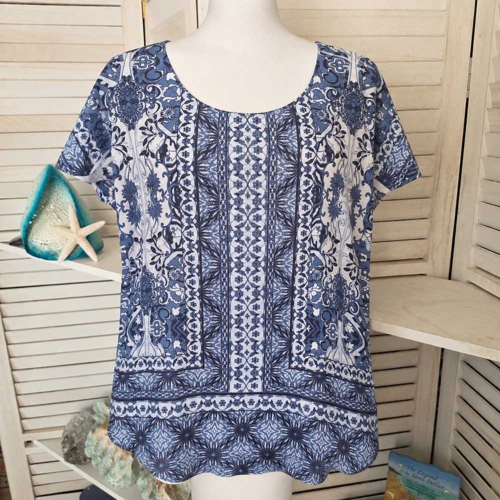 Style & Co Blue Paisley Tile Print Rhinestone Scoop Neck Top Size L